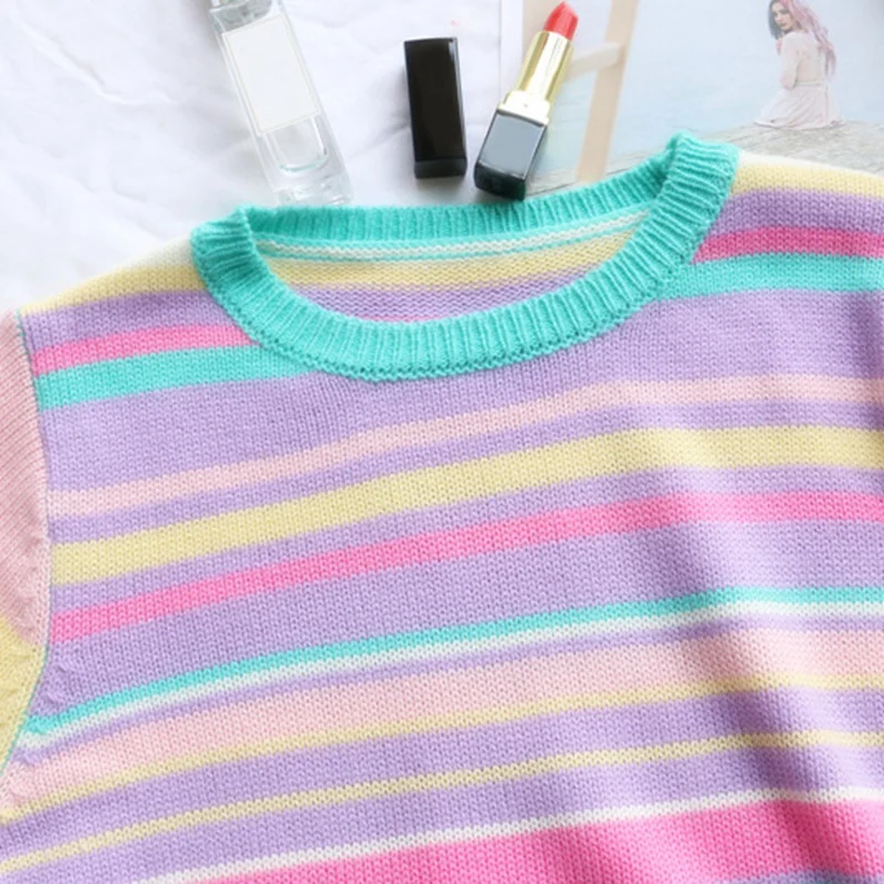 

Rainbow Striped Knitted Cropped Sweater Women Preppy Style Fashion Clothes Long Sleeve Cute Jumpers Autumn Winter
