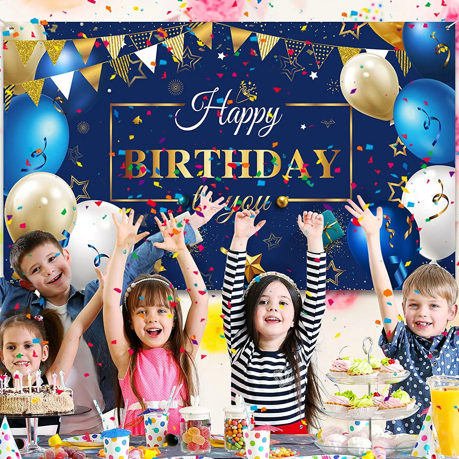 Kit de guirnalda de globos de confeti de cumplea&ntilde;os azul marino, cartel de fondo de fotograf&iacute;a de cumplea&ntilde;os dorado, decoraciones de fiesta de cumplea&ntilde;os para ni&ntilde;os y ni&ntilde;as-4