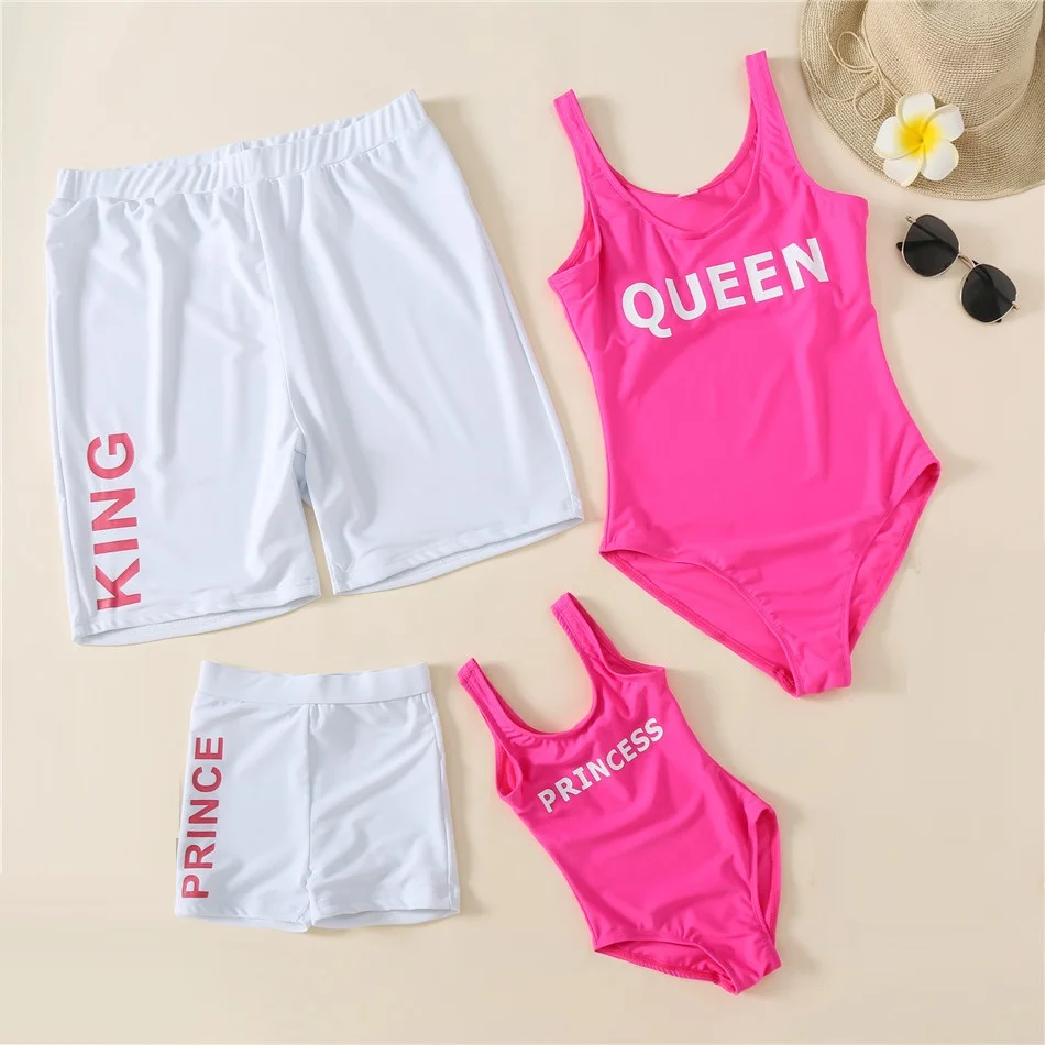 

King Queen Family Matching Swimwear Mother Daughter Bikini Swimsuits Beach Mommy and Me Dresses Clothes Father Son Swim Shorts