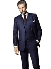 Costume 3 pièces à rayures bleu marine pour homme, tenue de soirée, smoking, marié, robe de mariée, veste + gilet + pantalon, dernière conception  (4)