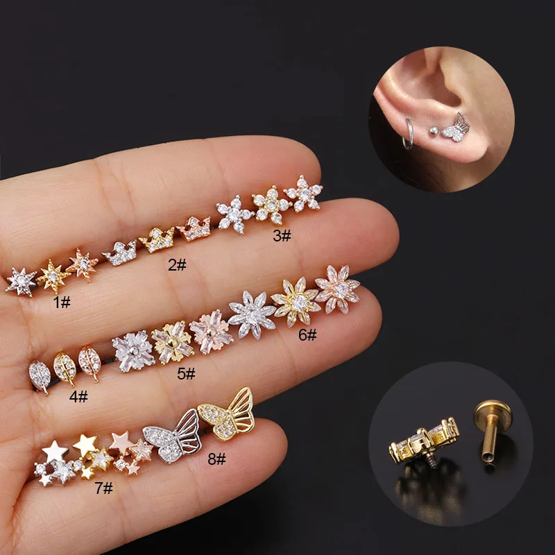 

1PC 16G Crown Butterfly Star Cz Helix Piercing Cartilage Earring Conch Rook Tragus Stud Labret Back Piercing Jewelry