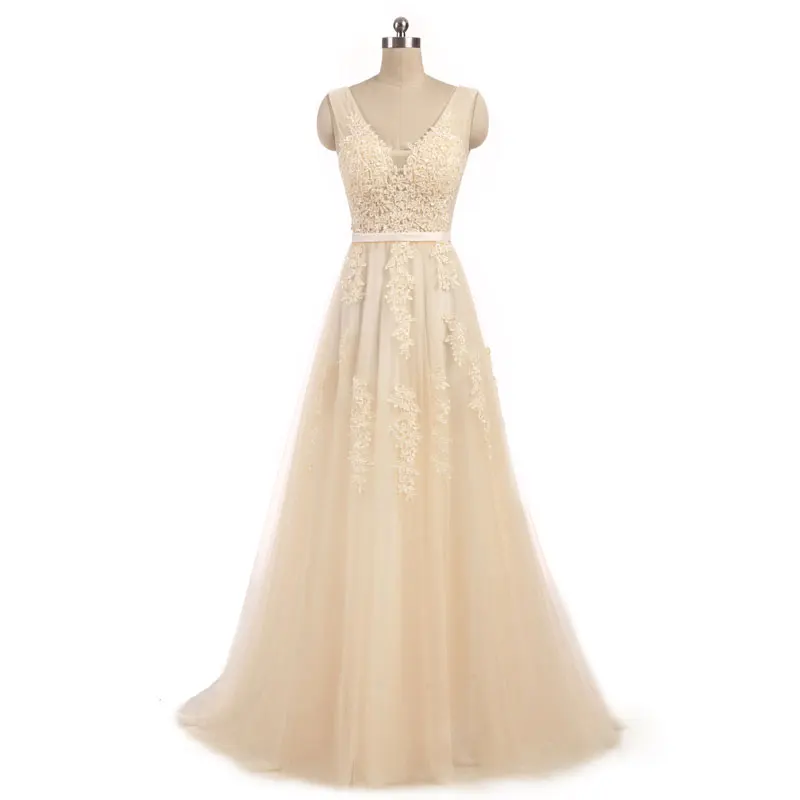 Новое поступление сексуальные вечерние платья Vestido de Festa ТРАПЕЦИЕВИДНОЕ платье для выпускного вечера кружевной халат, украшенный бисером De Soiree платье с v-образным вырезом на молнии - Цвет: champagne