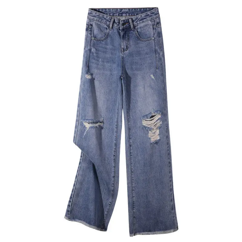 

Sexy Spring Hole Ripped Jeans For Women High Elastic Light Washed Vintage Straight Wide Leg Trousers Femme Denim Jeans