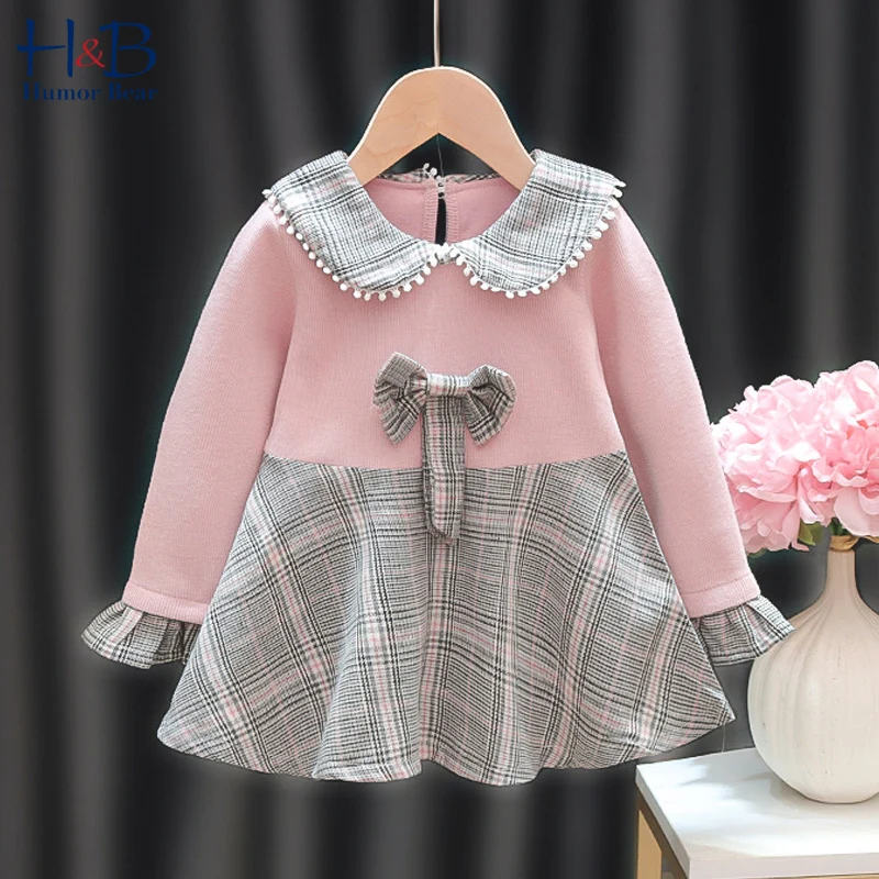 

Humor Bear Baby Dress New Spring Autumn Long Sleeve Doll Collar Plaid Printed Patchwork Princess Dress Toddler Clothes