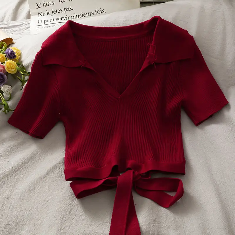 Укороченный топ женские рубашки-поло летняя футболка с коротким рукавом Женская