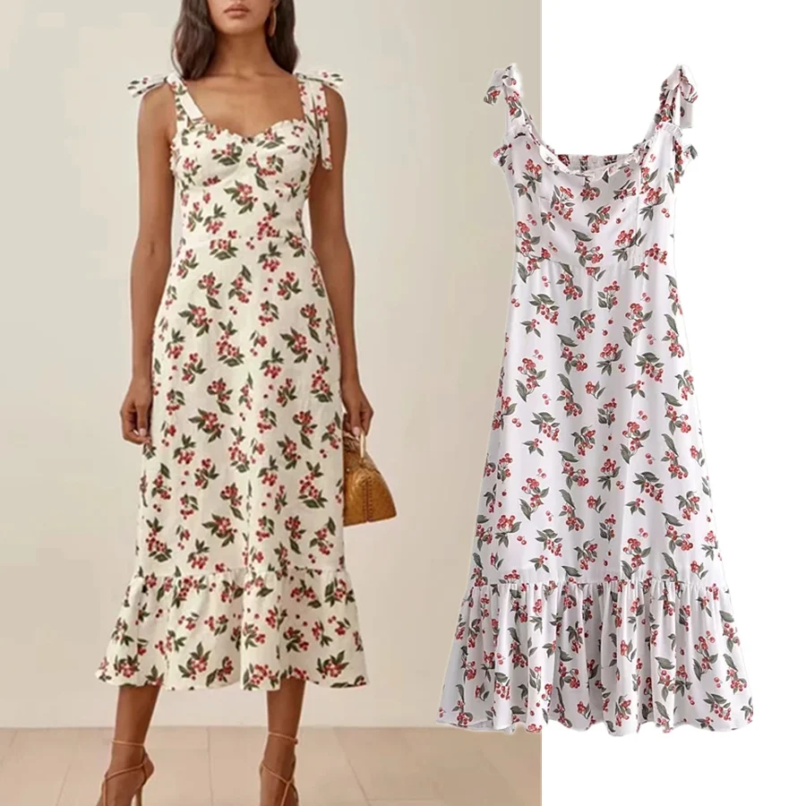

Elmsk 2021 Summer Ins Fashion Dress Women Blogger Vintage Cherry Printing Sexy Ruffles Strapless Vestidos De Fiesta De Noche