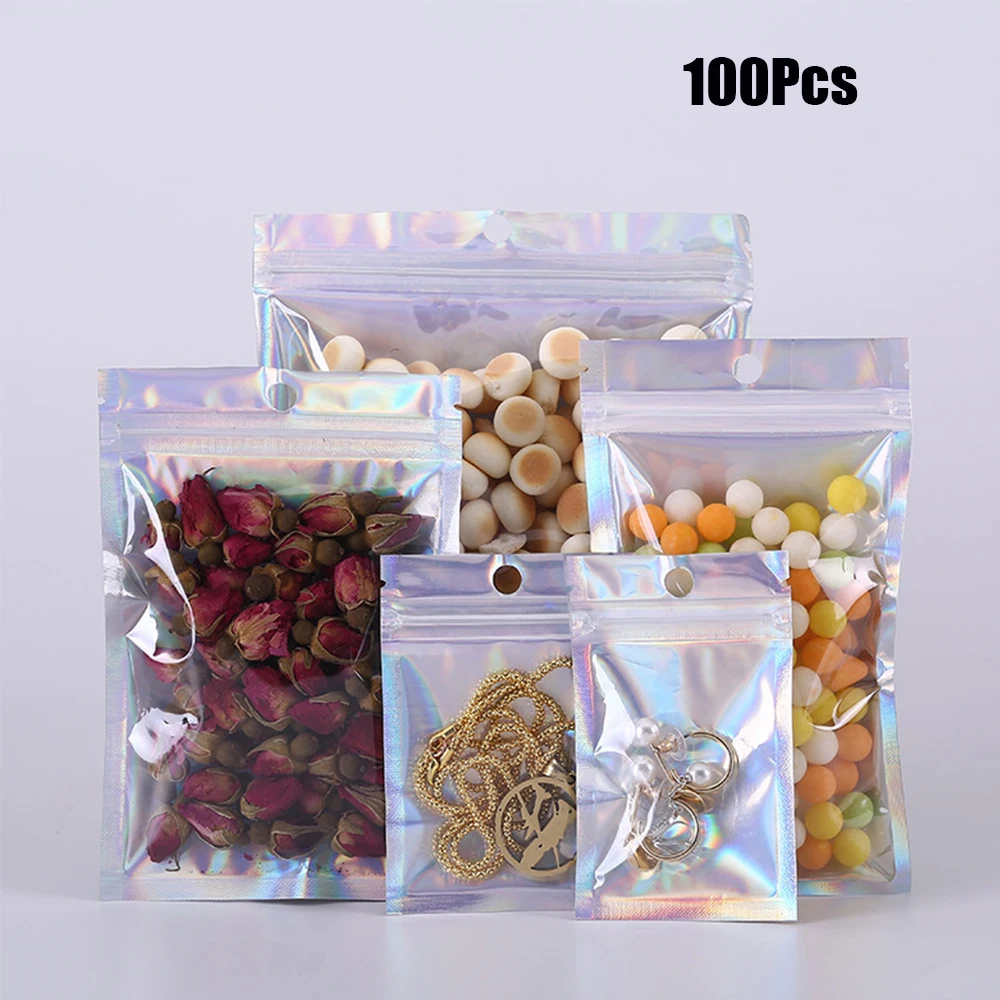 

100Pcs Holographic Laser Bags Pouches Iridescent Aluminum Foil Makeup Bags Zipper Bags