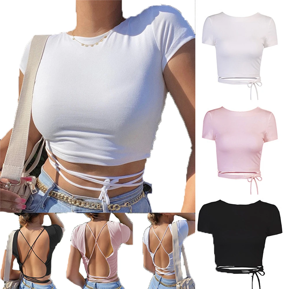 U-shot и шнуровкой крест-накрест женская одежда футболка Топ с коротким рукавом