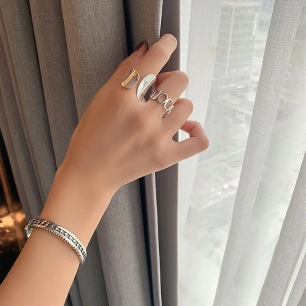

2021 Fashion Minimalist Silver Color Width Rings for Women New Creative Hollow Geometric Handmade Party Jewelry Gifts Open Ring