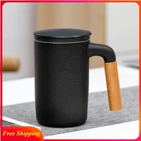 ceramic large capacity mug japanese style ceramic office cup with wooden handle gift mug with lid tea separation ceramic tea mug