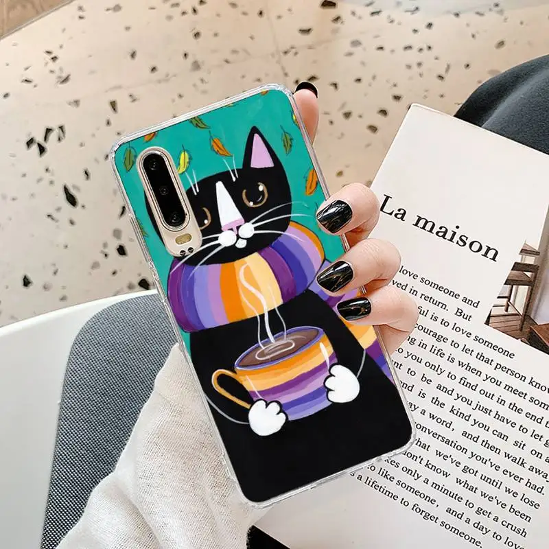 

Cat and coffee Phone Case Transparent for Samsung A71 S9 10 20 HUAWEI p30 40 honor 10i 8x xiaomi note 8 Pro 10t 11