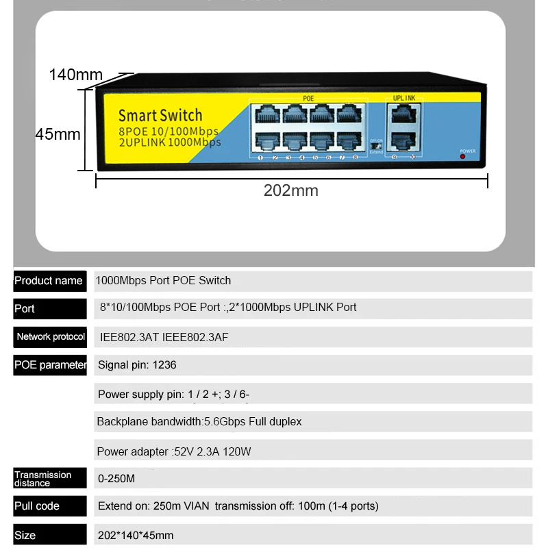 Сетевой коммутатор POE Gigabit 52 в 2 порта 1000 Мбит/с 8 портов IEEE 802 3 af/at ethernet для IP