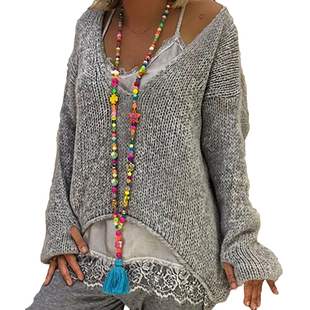 Свободный женский Однотонный свитер с v-образным вырезом и длинным рукавом