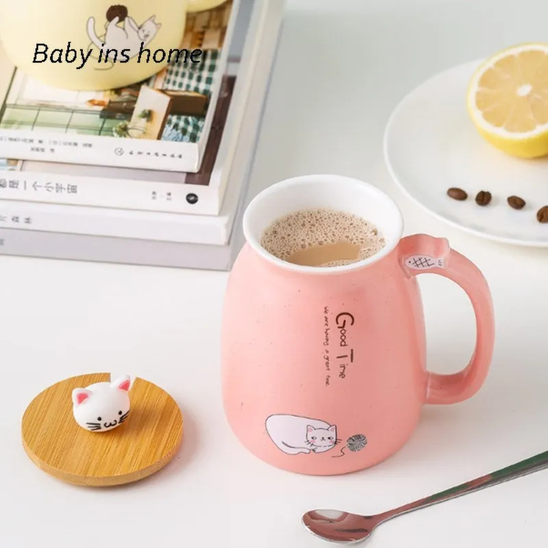 

Office Men and Women Couple Water Cup Japanese Style Fresh Cartoon Cat Mug Household Cute Ceramic Cup with Lid Spoon Coffee Mug