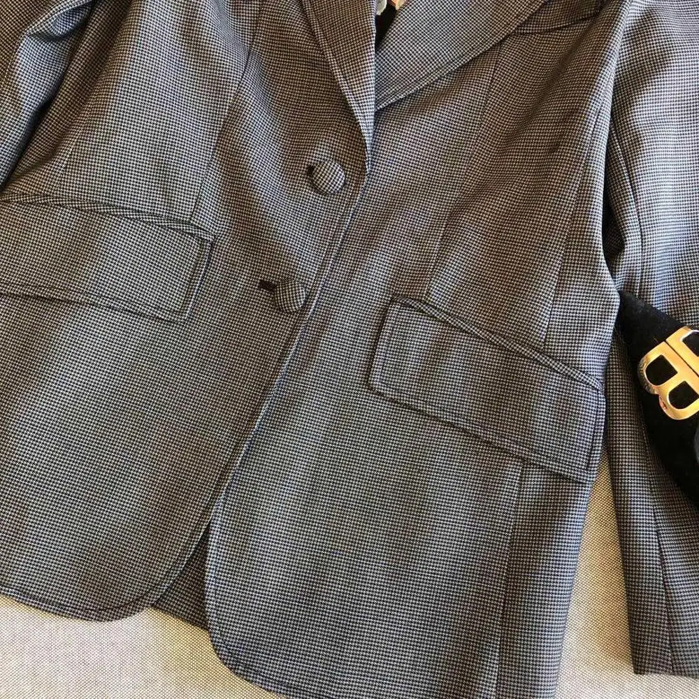 

Women's Houndstooth Wool Blazer Detachable Lace Embroidered Neckline Vintage Long Sleeve Single Breasted Office Lady Suit Coat