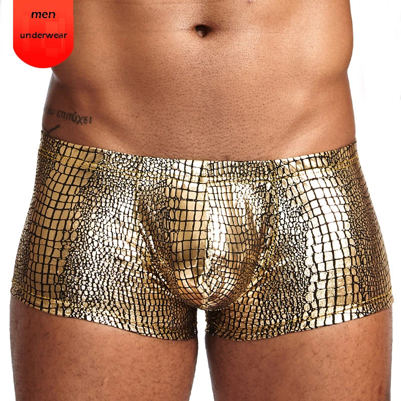 

Mens Snake Skin Imitation Leather Underwear Boxers Crotchless Boxer Shorts Men Sexy U Convex Low Waist Male Under