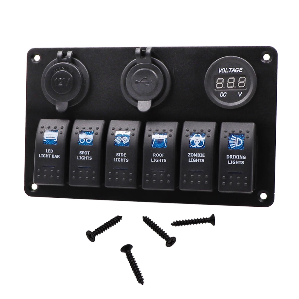 

Marine Boat 6 Gang Rocker Switch Panel Circuit Breakers With Cigarette Lighter Dual USB Socket Waterproof Toggle Switch 12V 24V