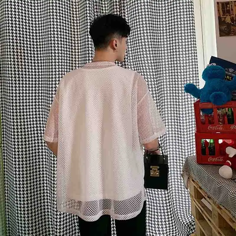 

T-shirt Pullover short sleeve mesh top handsome smock summer hollow out trend personality two piece nightclub Korean style