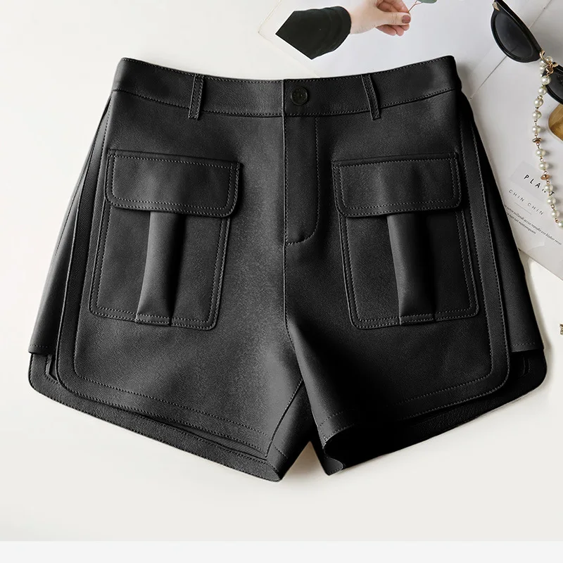 Korean style Women High quality Genuine Autumn high-rise leather wide-leg shorts C747
