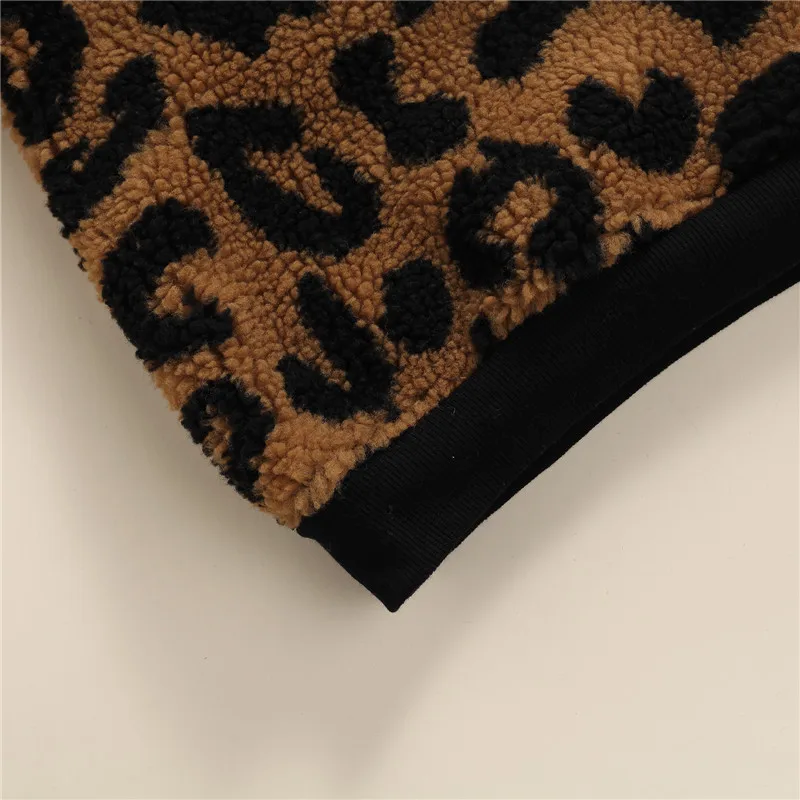 

Little Girls Breathable Fleece-lined Dress Children Autumn Winter Leopard Print Round Collar Long Sleeve Princess Skirt