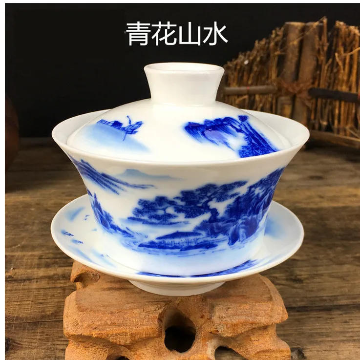 Mountain Фарфоровая чаша Gaiwan Jingdezhen, 200 мл, покрытая синим и белым фарфором, миска Sancai, набор китайских чайных чашек и блюдца, чайная супница - Цвет: Mountain