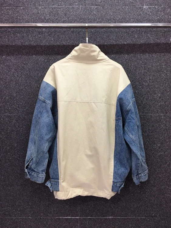 

2020 autumn and winter new women's bib high neck drawstring stitching denim bat sleeve loose short coat 1008