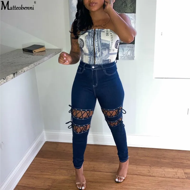 

The Latest Lace-Up Hollow Design Fashion Women's Denim Trousers Ladies Mid-Waist Skinny Jeans Sexy Streetwear Casual Slim Jeans