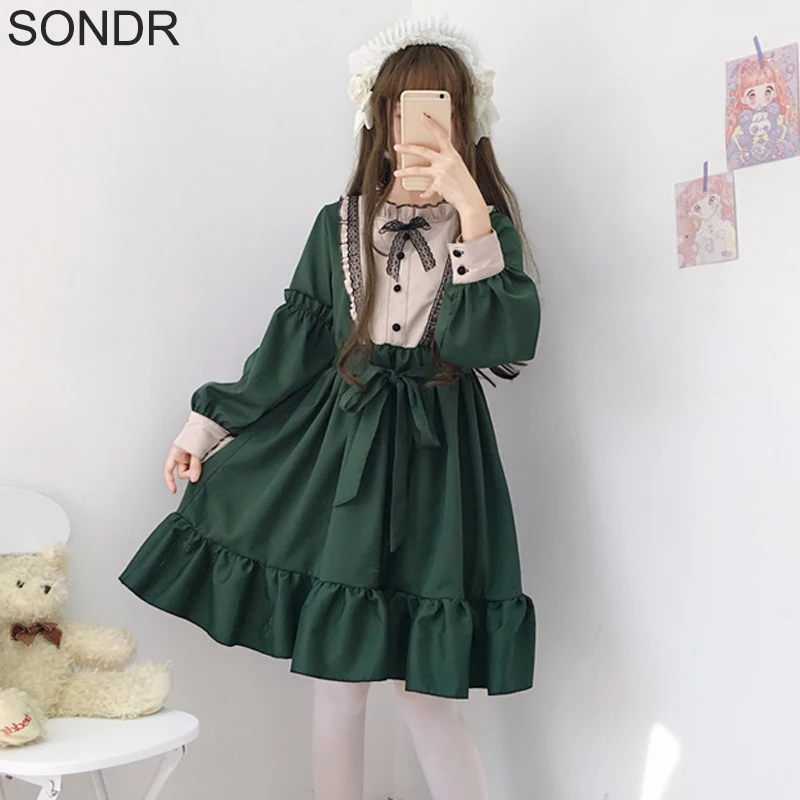 

Japanese Kawaii Lolita Dress Women Fashion Cute Long Sleeve Bowknot Dresses Female New Lace Ruffle Cute Maid Princess Dress Girl