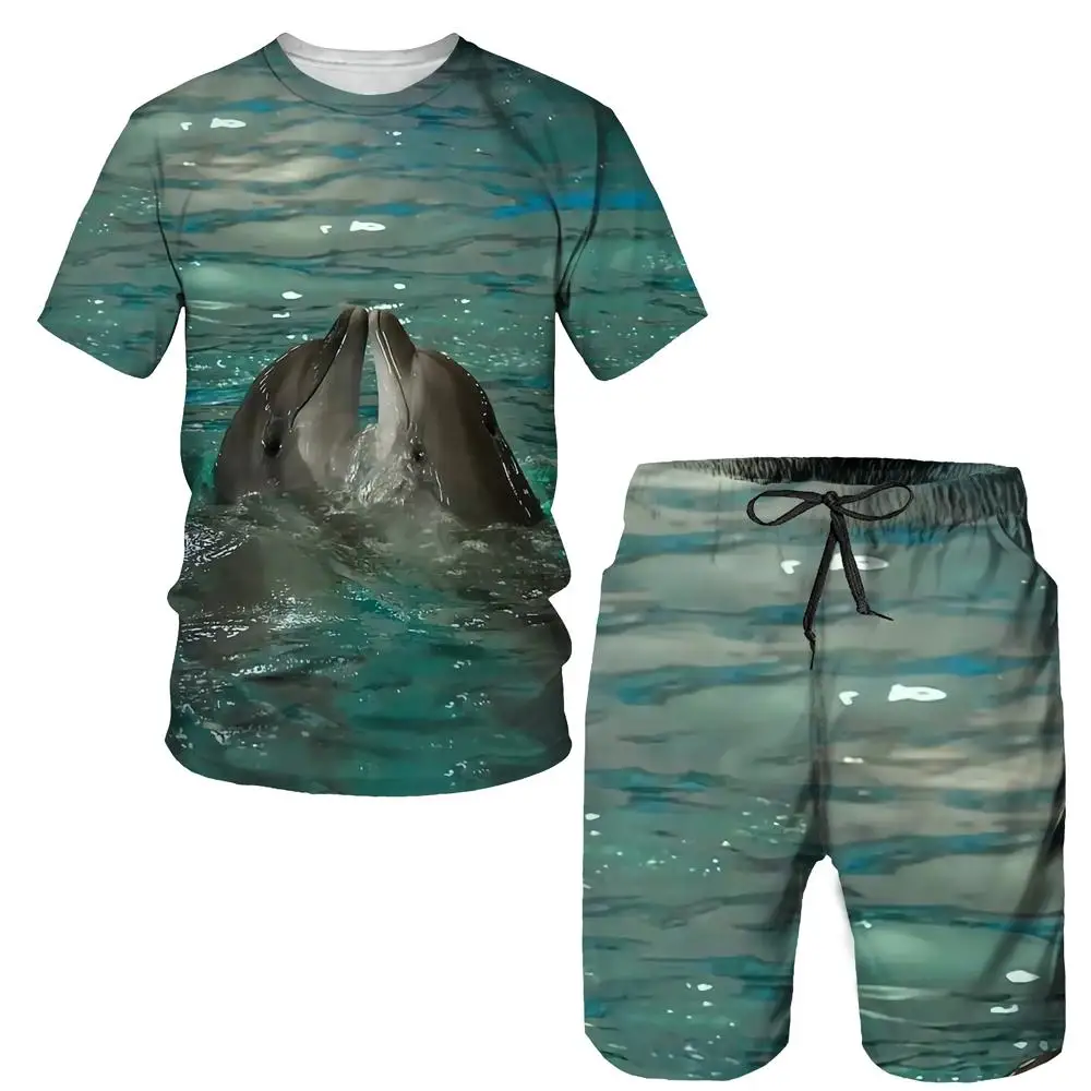 

2021 New Fashion 3D Dolphin Print Summer T-shirts Suit Men t-shirt Streetwear Tops+shorts Sets 2-Piece Jogging sport tracksuit