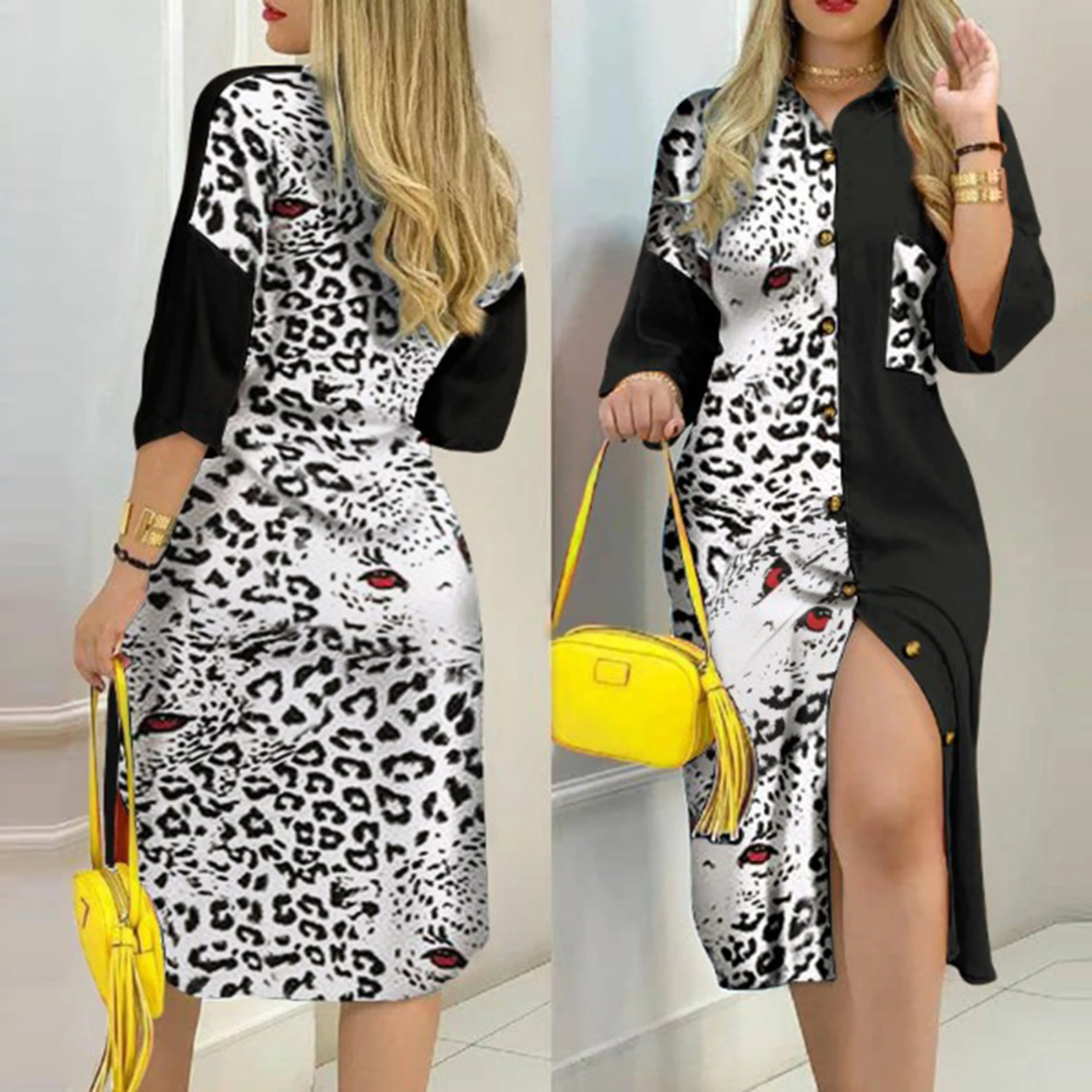 

Женское свободное стильное платье, Разноцветные длинные платья с отложным воротником и пуговицами, повседневное офисное платье, женское пл...