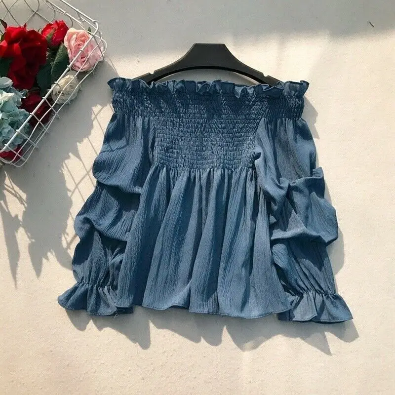

Women Off Shoulder Chiffon Top Lolita Puff Sleeve Flared Vintage Fashion