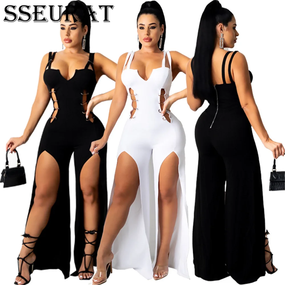 

SSEURAT Women Jumpsuit Solid Sleeveless Halter Cut Out Bandage Splited Jumpsuits Sexy Fashion One Piece Overalls Summer Outfit