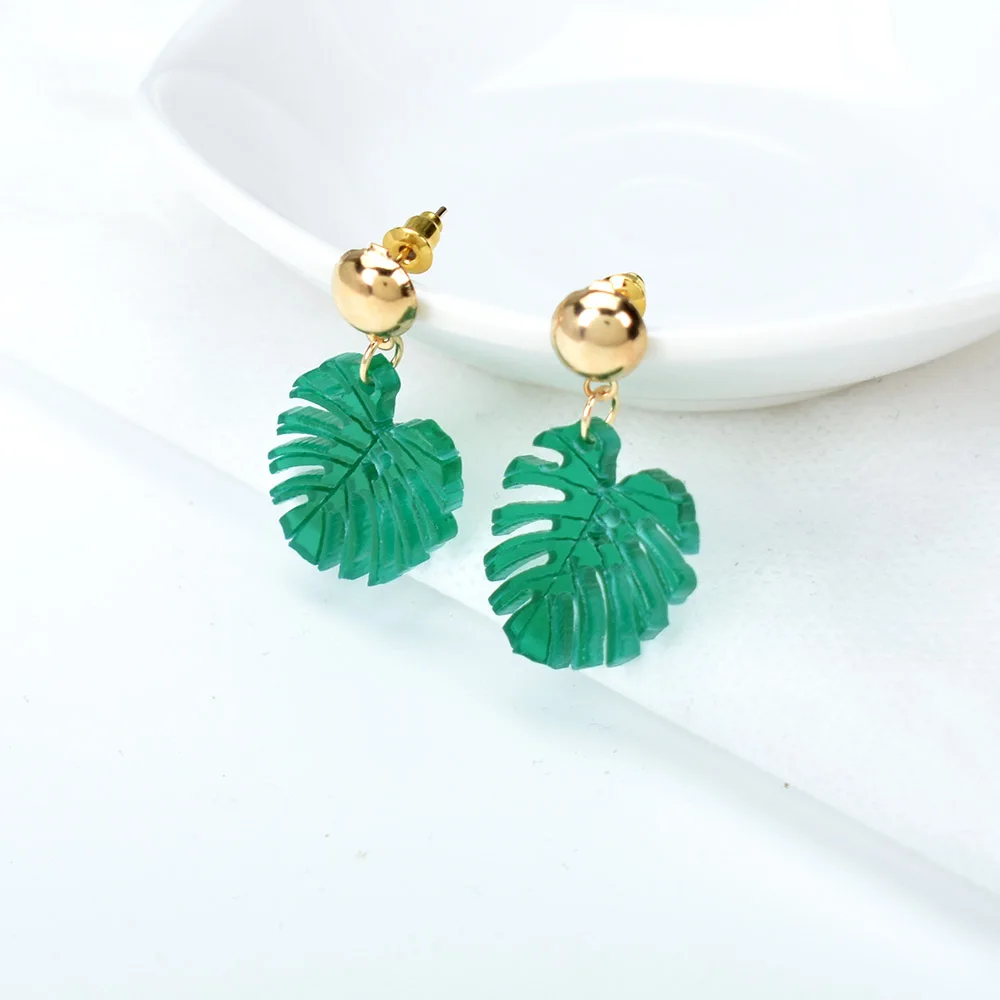 Женские акриловые сережки подвески крупные серьги с зелеными листьями дерева