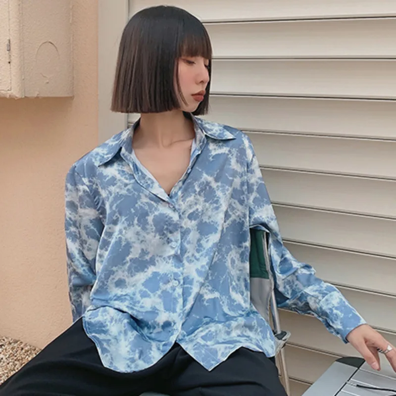 

IEQJ Blue Cozy Casual Women Daliy Blouse New Lapel Long Sleeve Loose Printed Shirt Fashion Tide Summer Vacation 2021 3F0013