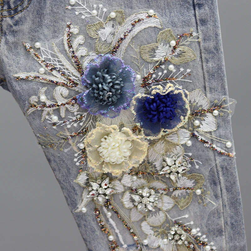 

Ripped Jeans Clothes Winter Lady Fashion Broken Holes Flowers Embroidery Pearls Rhinestone Denim Coat And Trouser Two-piece Suit