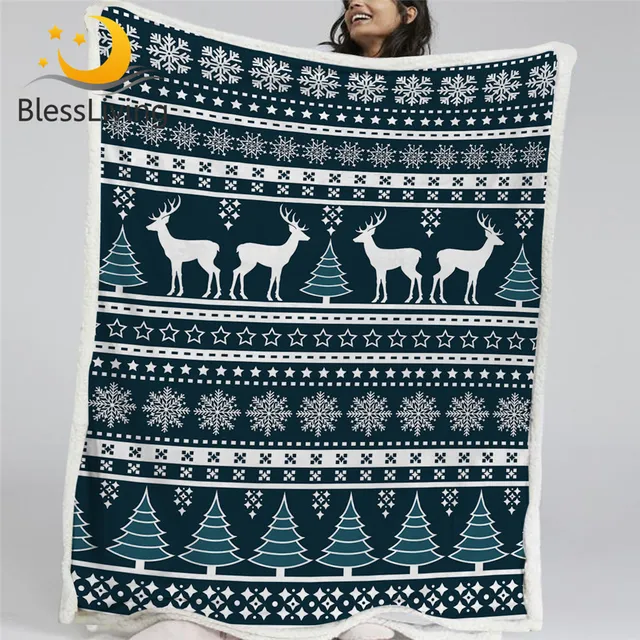 BlessLiving Christmas Holiday Bed Blanket Deer Elk Throw Blanket Trees Bedspreads Geometric Striped Furry Blanket Snowflake Koce 1