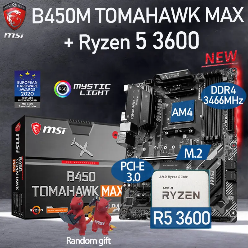 

AM4 MSI B450 TOMAHAWK MAX Motherboard Set+AMD Kit Ryzen 5 3600 Combo DDR4 64Gb M.2 PCI-E 3.0 B450 Placa-mãe Kit Desktop AMD B450