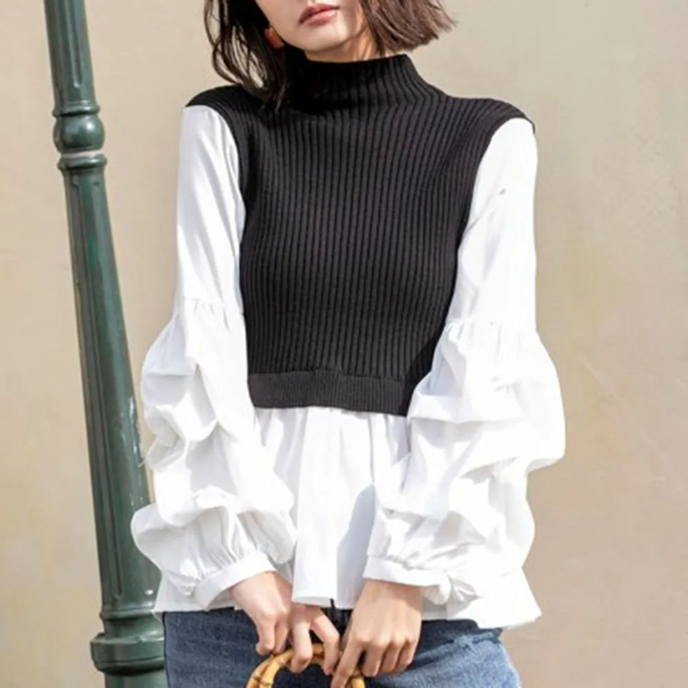 

Women Turtleneck Sweater Korean Style Fashion Knitted Patchwork Long Sleeve Tops Elegant Office Ladies Harajuku Pull Knitwear