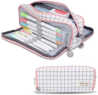 large pencil case with zipper cute grid school supplies pencil pouch for teen girls and boy school student bag