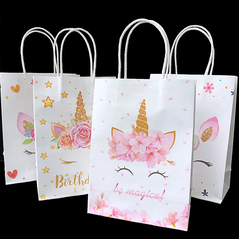 

12pcs/set Unicorn Party Supplies Unicorn Gift Bags Kraft Paper Bags with Handle Cartoon Unicorn Birthday Party Decorations Kids
