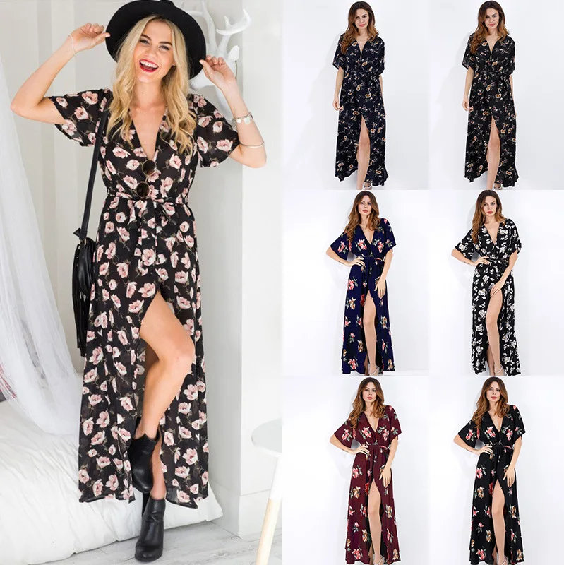

women dresses summer 2021 European & American chiffon dress Short sleeve floral v-neck Lace-up elasticated dress for women 0491