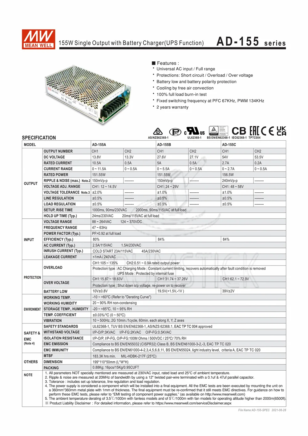 MEAN WELL AD-155B meanwell AD-155 151 55 Вт одиночный выход с зарядным устройством (функция UPS)