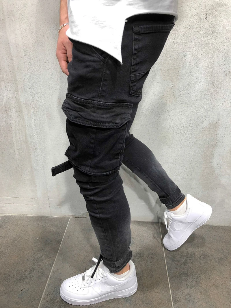 

Skinny Biker Jeans Men Multi-pocket Bandage Slim Cargo Joggers trousers for Men Motorcycle Hip hop Streetwear Swag Denim Pants