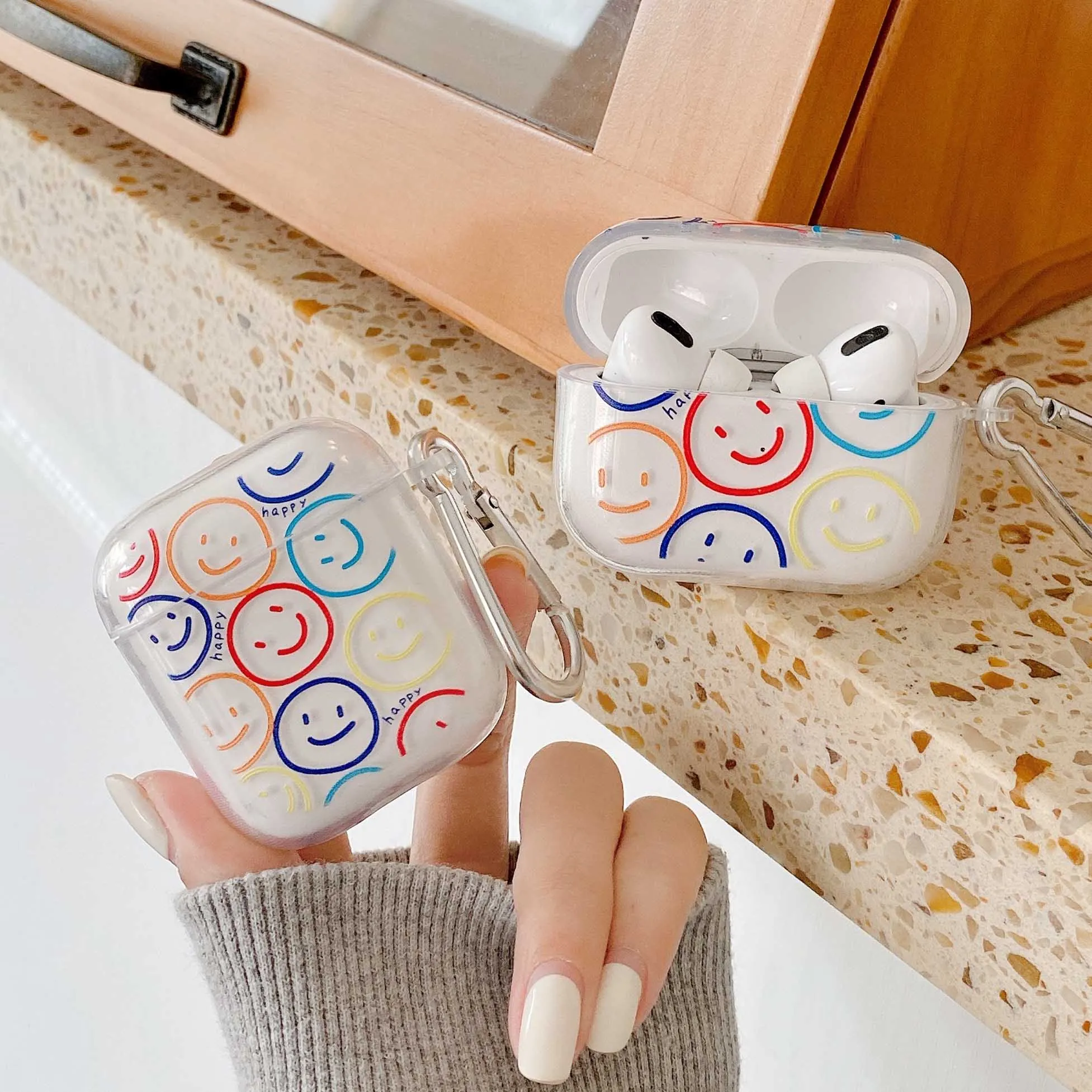 

Cute Colorful smile Key Chain for airpod Pro cover soft clear tpu Wireless bluetooth protection for airpodd 1 2 cases coque back