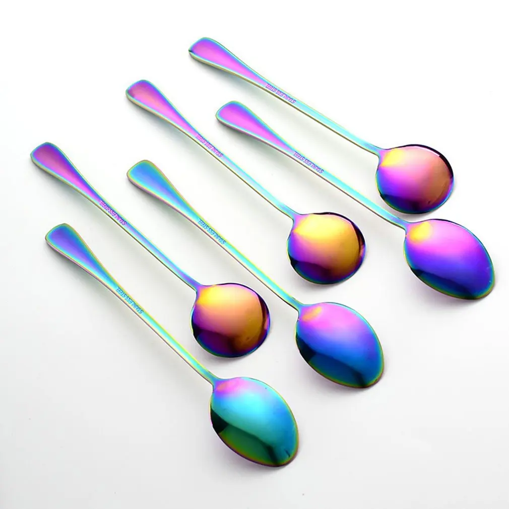

6Pcs/lot Stainless Steel Long-handled Spoon Rainbow Dessert Ice Cream Coffee Spoon Stirring Teaspoons Coffee Spoon Flatware Set