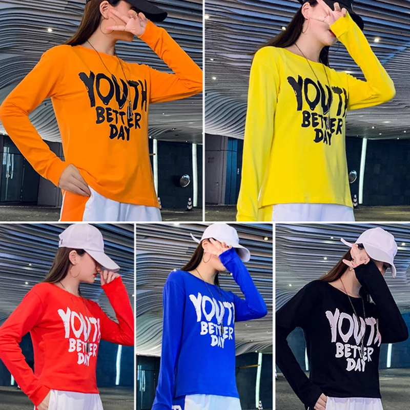 

Women Hip Hop Dancewear School Girl Long Sleeve tshirt Print Letters Pants Fitness gymnastics sportswear Loose Shuffle Costumes