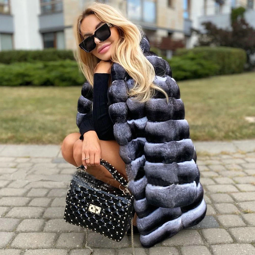 Fashion Mid-length Real Rex Rabbit Fur Coat with Lapel Collar New Trendy Thick Warm Genuine Full Pelt Rex Rabbit Fur Coat Female