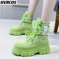 green punk chunky platform motorcycle boots women autumn winter gothic shoes woman thick bottom lace up ankle