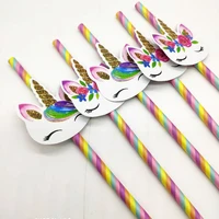 20pcs cartoon unicorn decorative rainbow paper straw birthday party baby shower wedding party decoration supplies paper straws