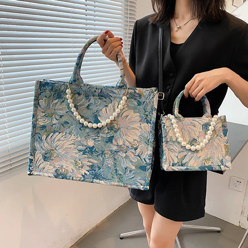 

Oil Painting Pattern Brand Crossbody Shoulder Bag for Women Pu Leather Handbags and Purses Lady Small Design Beading Totes